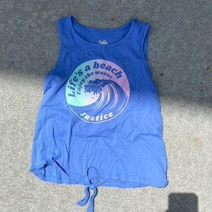 Blue tank top, “Life’s a beach enjoy the waves”